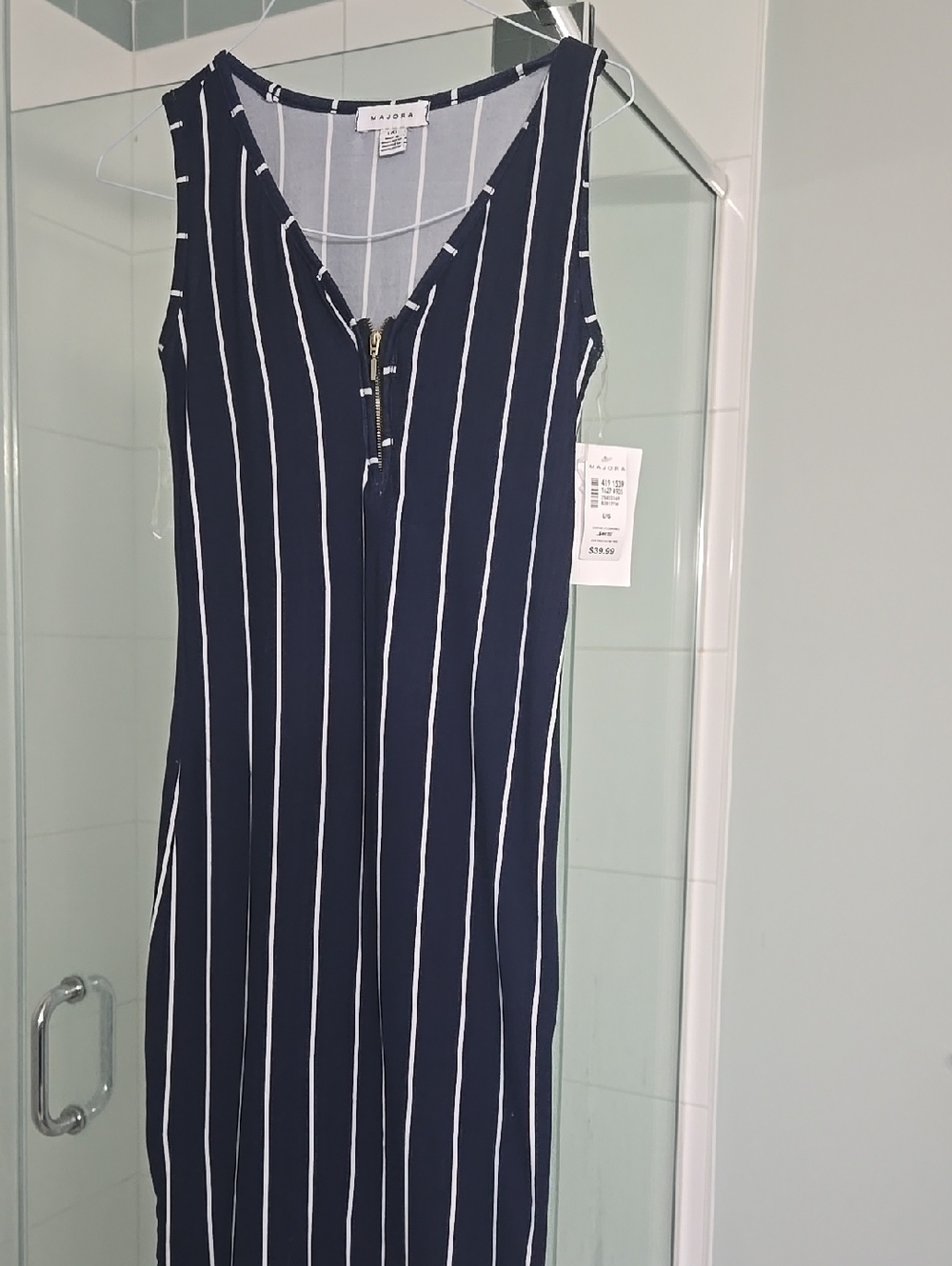 Waist-Defining Navy & White Striped Midi Dress with Front Zip